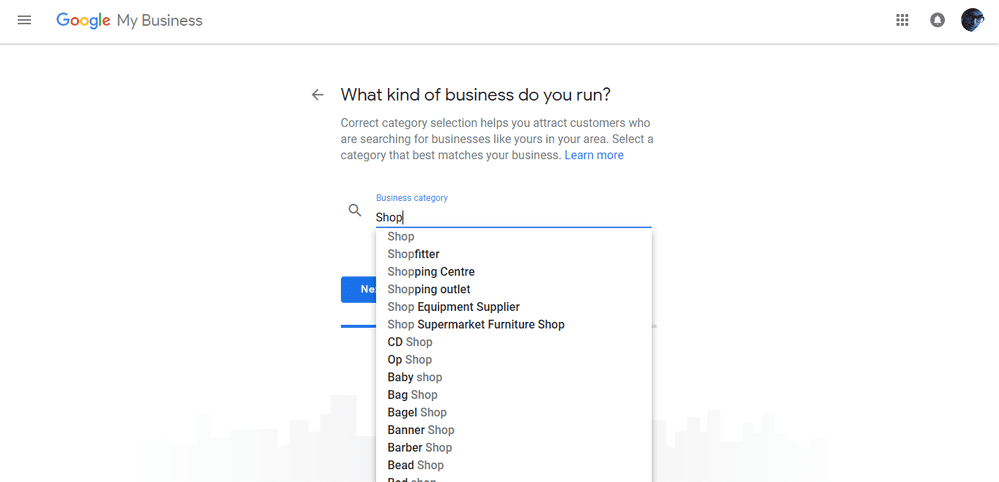 Google my business setup primary category selection image with Shop typed in. Displaying a list of google my business categories related to the business vertical shop.