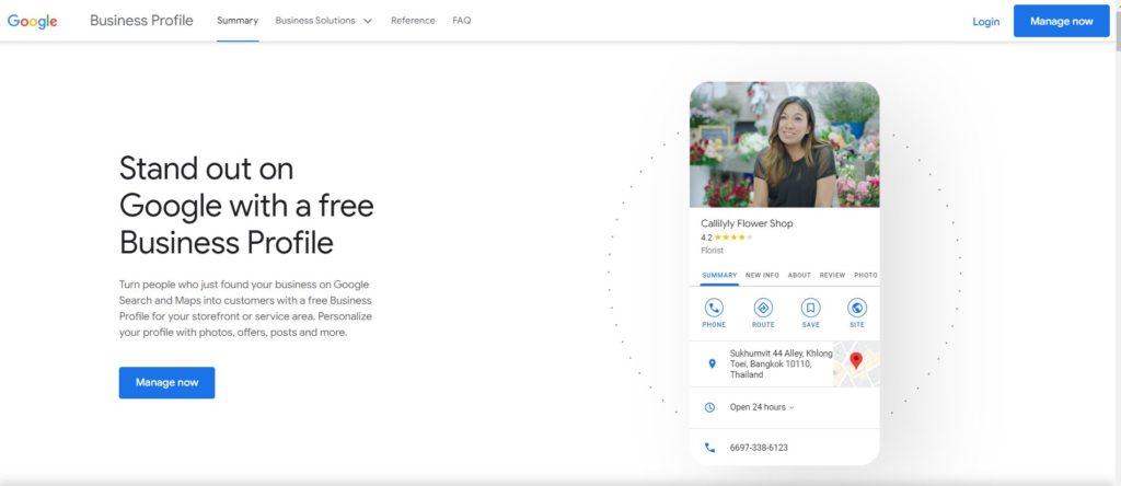 Google my business home page with blue Manage now button in the top right hand corner