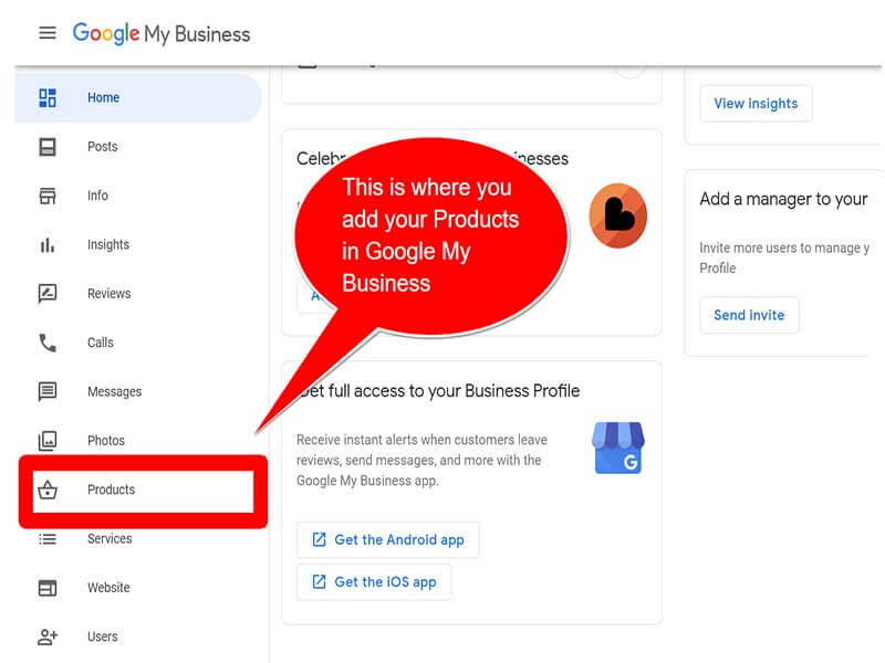 Image of google my business dashboard displaying where to add your products to google my business.